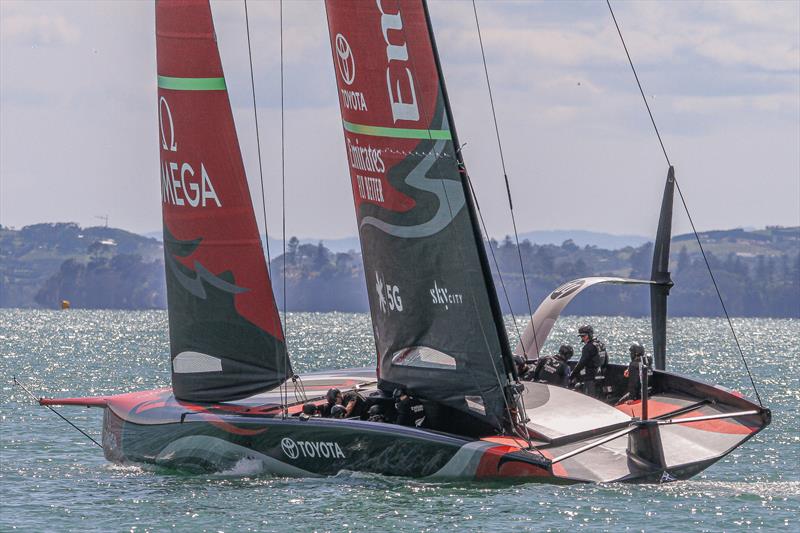 Emirates Team NZ's AC75 'Te Aihe' sets out for a training session on the morning of December 10, 2019 after two weeks behind closed doors in the team base photo copyright Richard Gladwell / Sail-World.com taken at Royal New Zealand Yacht Squadron and featuring the AC75 class