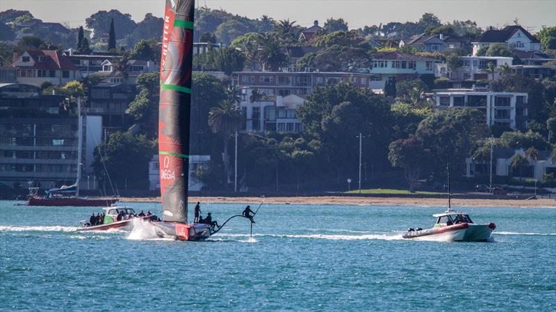 A crew member ventures out on the foil arm of Te Aihe before a training session - December 11, 2019 - Waitemata harbour photo copyright Richard Gladwell / Sail-World.com taken at Royal New Zealand Yacht Squadron and featuring the AC75 class