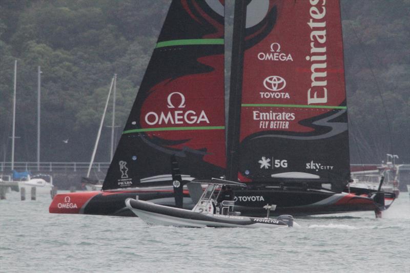 Spy boat gets a good view of Emirates Team NZ's AC75 Te Aihe about to lift clear of the water - December 16, 2019 - photo © Richard Gladwell / Sail-World.com