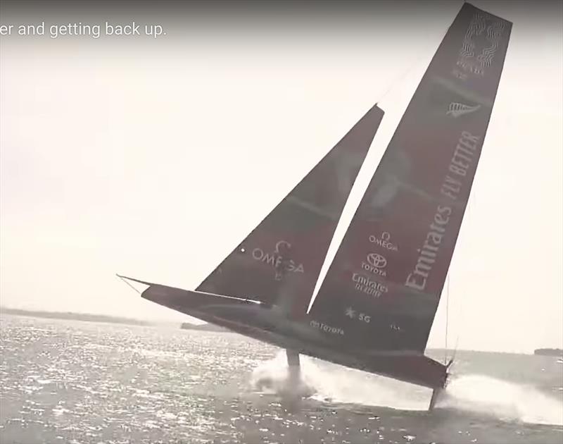 1. The AC75 rears up after the gybe with too much momentum to stop the inevitable - Emirates Team New Zealand AC75, Te Aihe, capsize - December 19, 2019 photo copyright Emirates Team New Zealand taken at Royal New Zealand Yacht Squadron and featuring the AC75 class