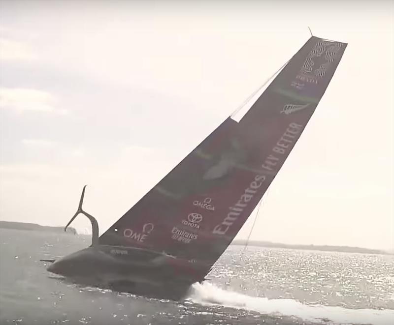 2. The AC75 skids sideways as the capsize completes - Emirates Team New Zealand AC75, Te Aihe, capsize - December 19, 2019 photo copyright Emirates Team New Zealand taken at Royal New Zealand Yacht Squadron and featuring the AC75 class