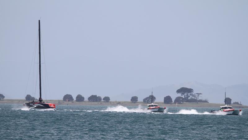 Te Aihe returns to Auckland after several hours of post-capsize training in 'The Paddock' photo copyright Richard Gladwell / Sail-World.com taken at Royal New Zealand Yacht Squadron and featuring the AC75 class