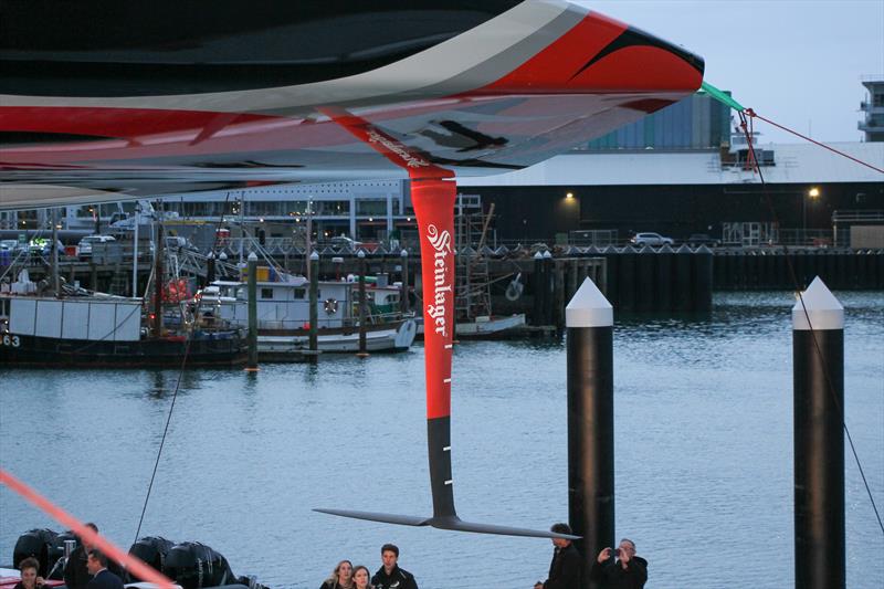 Rudder and wing - Te Aihe launch - in normal flight height the 'Steinlager' wording is usually visible, with the rest of the foil immersed. The AC75 rudder is  approximately 1.5m deeper than the AC50 photo copyright Richard Gladwell / Sail-World.com taken at Royal New Zealand Yacht Squadron and featuring the AC75 class