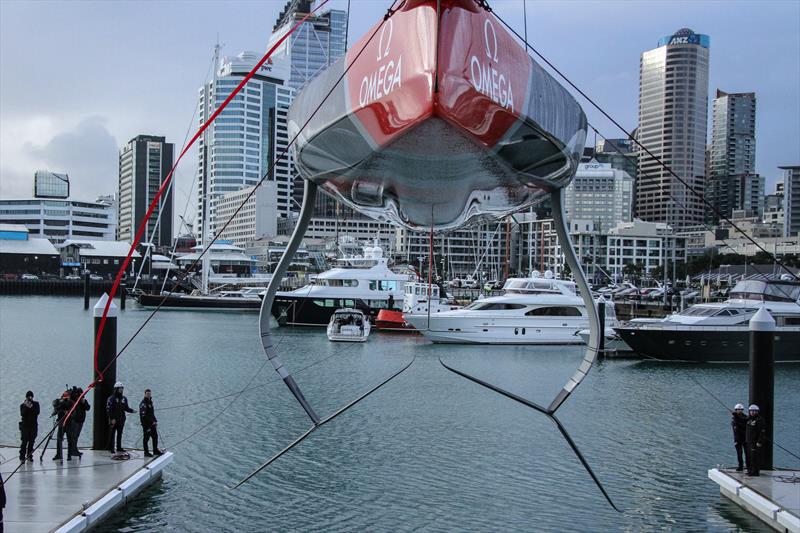 AC75 Te Aihe showing foil arms and wings in lowered position along with her unusual underbody and centreline bustle designed to provide additional volume to assist foiling without  unduly increasing drag photo copyright Richard Gladwell / Sail-World.com taken at Royal New Zealand Yacht Squadron and featuring the AC75 class