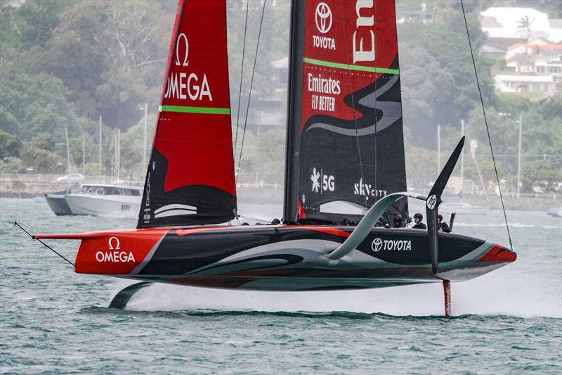 Te Aihe in a higher flight mode - again the degree of immersion of the rudder wing foil can be deduced by comparing the 'Steinlager' writing with the water level and referencing that back to the launch photo at the top of this story - photo © Richard Gladwell / Sail-World.com