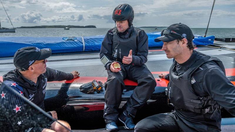 ay Davies, Glenn Ashby and Louis Sinclair chat during an Auckland training session photo copyright Emirates Team New Zealand taken at Royal New Zealand Yacht Squadron and featuring the AC75 class
