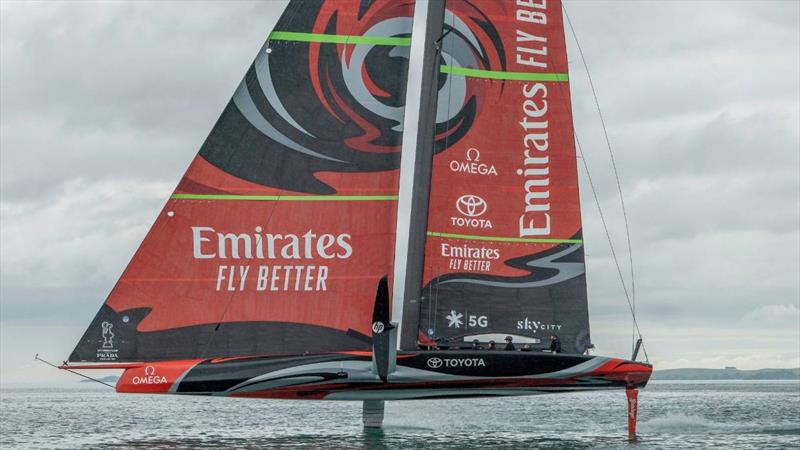 Emirates Team NZ's Te Aihe flies her Code Zero photo copyright Emirates Team New Zealand taken at Royal New Zealand Yacht Squadron and featuring the AC75 class