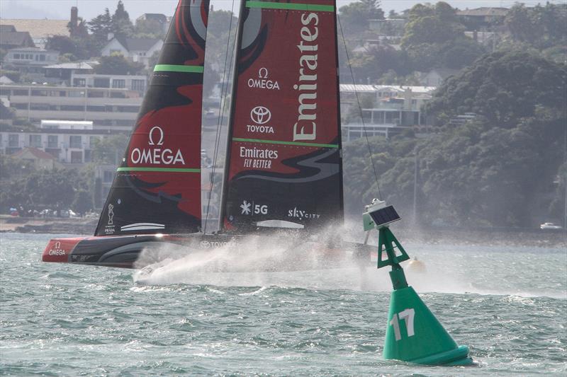 Emirates Team New Zealand's AC75 sailing at the entrance to the inner Waitemata Harbour - January 10, 2019 - photo © Richard Gladwell / Sail-World.com