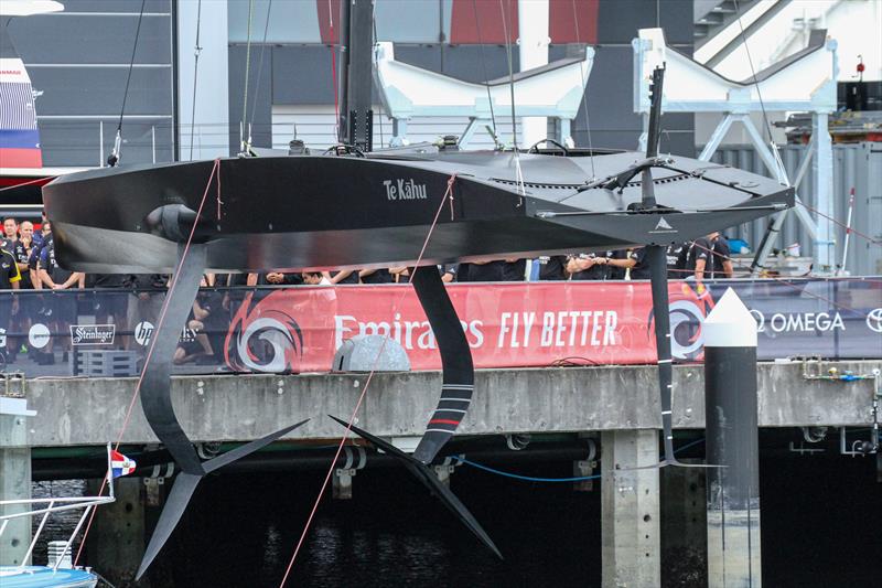 Emirates Team New Zealand launch their test boat - a 12Metre design that is very similar proportions to the AC75 used in the America's Cup. She carries the same smaller scale mast, foils and rudder photo copyright Richard Gladwell / Sail-World.com taken at Royal New Zealand Yacht Squadron and featuring the AC75 class