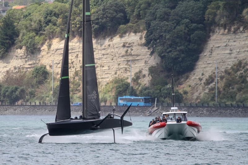 The numbers on the chase boat following Te Kahu suggests the test boat has some serious AC weaponry aboard - Emirates Team New Zealand test AC75 - Waitemata Harbour - January 29, 2020 photo copyright Richard Gladwell / Sail-World.com taken at Royal New Zealand Yacht Squadron and featuring the AC75 class