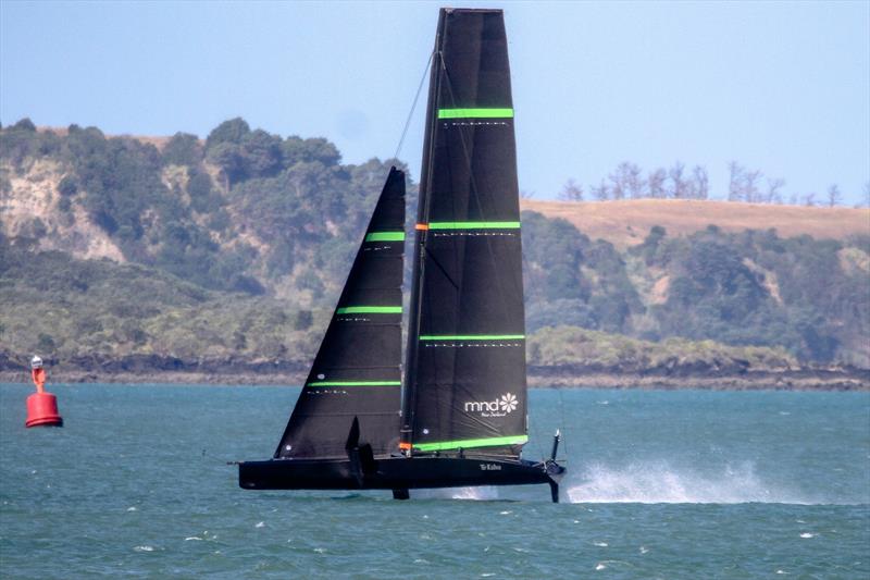 Sailing in the same bow down trim as the AC75 - Te Kahu - Emirates Team NZ's test boat - Waitemata Harbour - February 11, 2020 photo copyright Richard Gladwell / Sail-World.com taken at Royal New Zealand Yacht Squadron and featuring the AC75 class