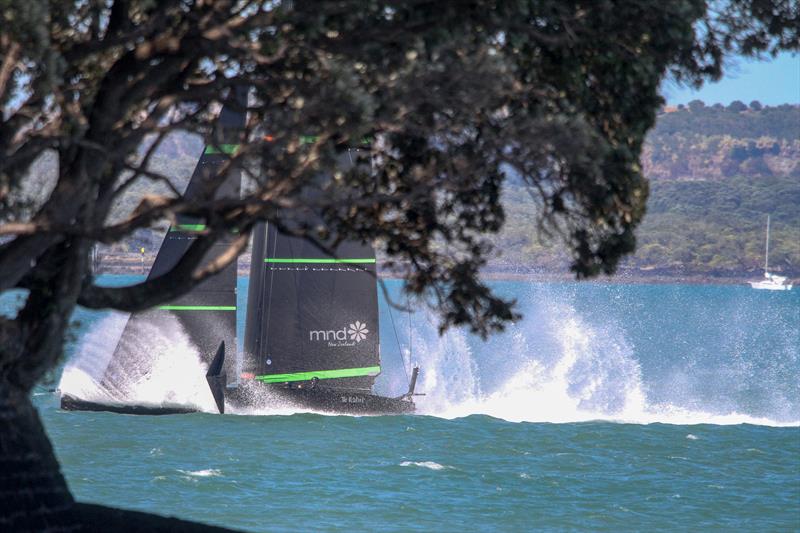 A splash down at the end of a cross-harbour run - Te Kahu - Emirates Team NZ's test boat - Waitemata Harbour - February 11, 2020 - photo © Richard Gladwell / Sail-World.com