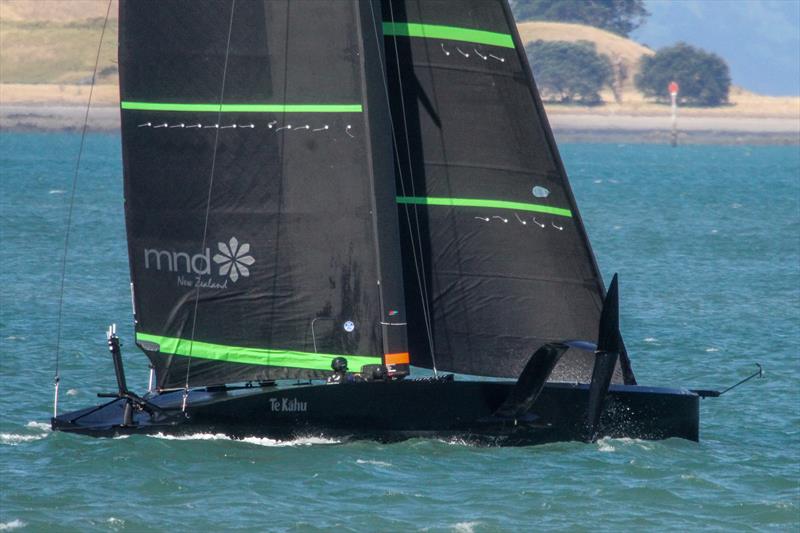 Sailing in displacement mode - Te Kahu - Emirates Team NZ's test boat - Waitemata Harbour - February 11, 2020 photo copyright Richard Gladwell / Sail-World.com taken at Royal New Zealand Yacht Squadron and featuring the AC75 class