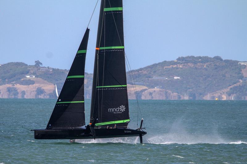 Spray flicks off the leeward foil - Te Kahu - Emirates Team NZ's test boat - Waitemata Harbour - February 11, 2020 photo copyright Richard Gladwell / Sail-World.com taken at Royal New Zealand Yacht Squadron and featuring the AC75 class