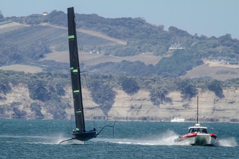 Close sheeted rig - Te Kahu - Emirates Team NZ's test boat - Waitemata Harbour - February 11, 2020 photo copyright Richard Gladwell / Sail-World.com taken at Royal New Zealand Yacht Squadron and featuring the AC75 class