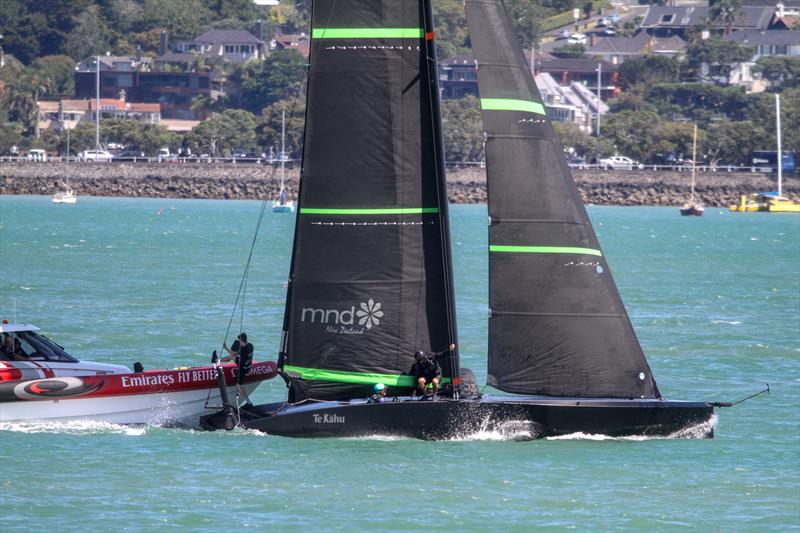 Design engineers transfer back to the tender - Te Kahu - Emirates Team NZ's test boat - Waitemata Harbour - February 11, 2020 photo copyright Richard Gladwell / Sail-World.com taken at Royal New Zealand Yacht Squadron and featuring the AC75 class