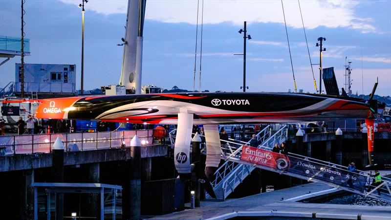 Emirates Team New Zealand's Te Arihe hangs suspended ahead of her naming - Waitemata - AC75, Auckland, September 6, 2019 photo copyright Richard Gladwell / Sail-World.com taken at Royal New Zealand Yacht Squadron and featuring the AC75 class