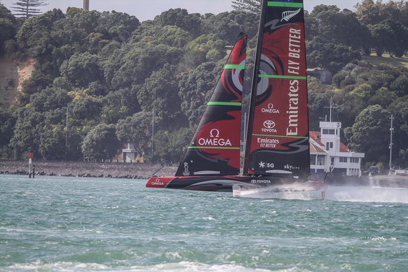 Te Aihe commences a training session January 10, 2020 shot from North Head - one of the key landmarks from which to view the 2021 America's Cup photo copyright Emirates Team NZ's Te Aihe training in Auckland taken at Royal New Zealand Yacht Squadron and featuring the AC75 class