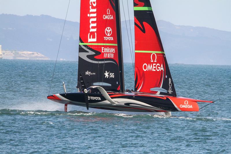 Te Aihe returns home from her final training sail before shipping to Europe - shot from North Head, one of the key landmarks from which to view the 2021 America's Cup photo copyright Richard Gladwell, Sail-World.com / nz taken at Royal New Zealand Yacht Squadron and featuring the AC75 class