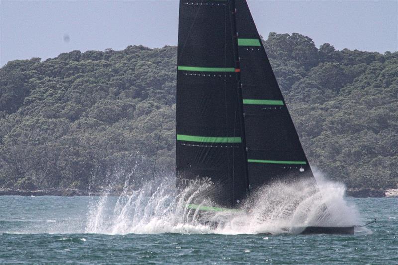 Te Kaahu dips off her foils - `It's exciting, noisy, very wet - a lot more than we anticipated` - Guy Endean ETNZ sailing crew photo copyright Richard Gladwell / Sail-World.com taken at Royal New Zealand Yacht Squadron and featuring the AC75 class