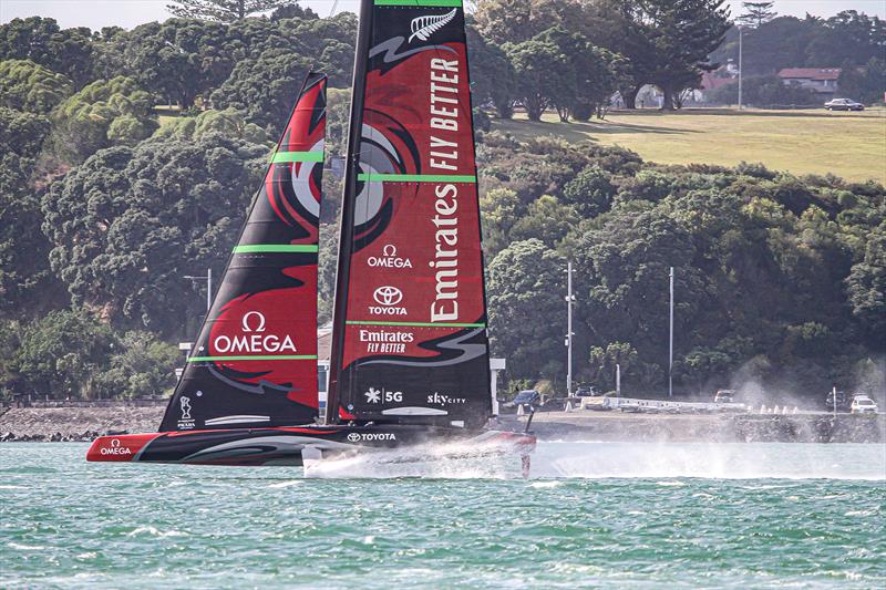 We're outta here! The high speed spray flies as ETNZ's Te Aihe rips down the Waitemata in a gentle 25kt zephyr photo copyright Richard Gladwell / Sail-World.com taken at Royal New Zealand Yacht Squadron and featuring the AC75 class