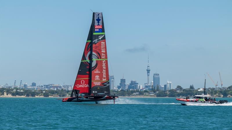 Emirates Team New Zealand's Te Aihe training off Narrow Neck Beach - Auckland photo copyright Emirates Team New Zealand taken at Royal New Zealand Yacht Squadron and featuring the AC75 class