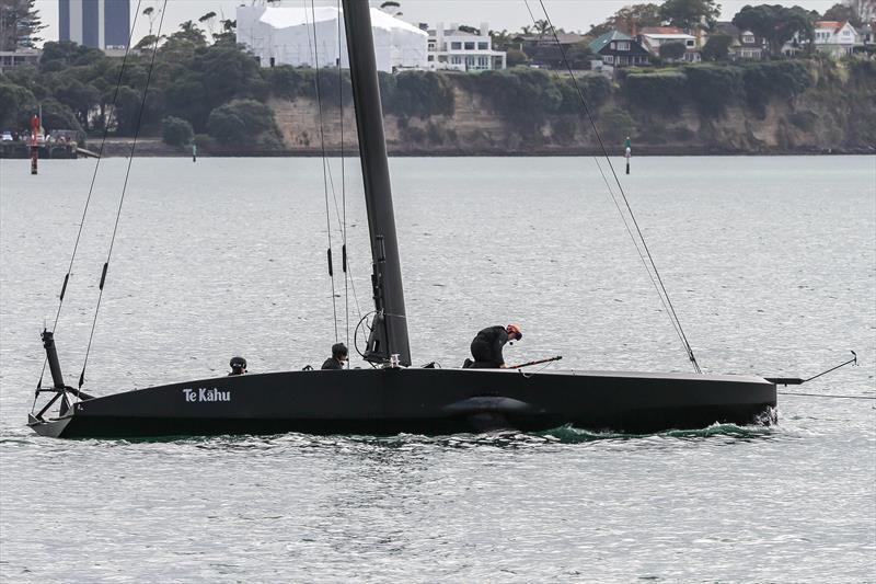 Emirates Team New Zealand crew set up test equipment ahead of towing tests. _Waitemata Harbour April 29, 2020 - photo © Richard Gladwell / Sail-World.com