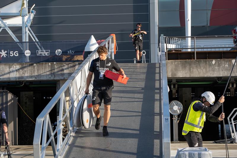 Emirates Team New Zealand's test boat Te Kaahu is prepared for their its first test session since the five week-long COVID-19 lockdown - April 30, 2020 photo copyright Emirates Team New Zealand taken at Royal New Zealand Yacht Squadron and featuring the AC75 class