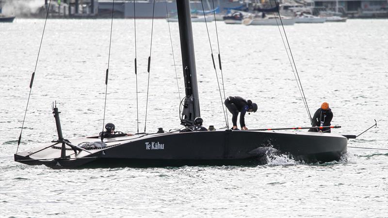 Emirates Team New Zealand crew set up test equipment ahead of towing tests - Waitemata Harbour April 29, 2020 - photo © Richard Gladwell / Sail-World.com
