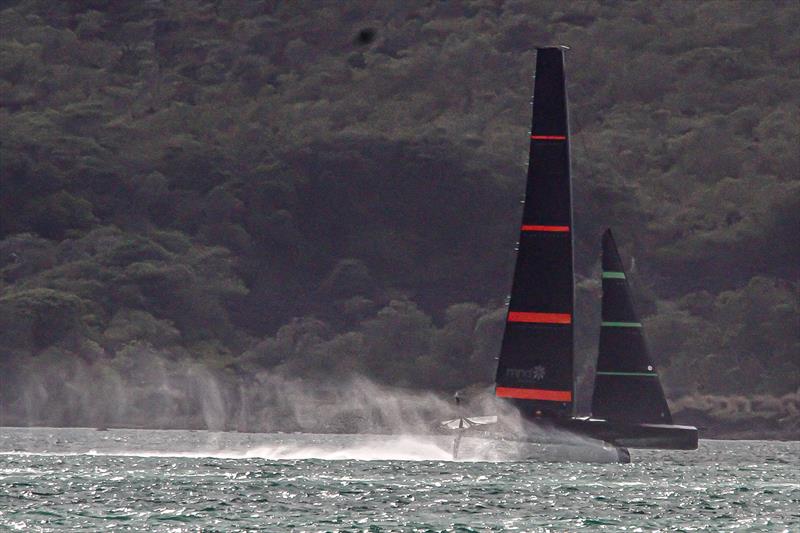 'A shower of spray and we're away' - Te Kahu sends it marking the end of the Alert Level 4 Lockdown - Waitemata Harbour - May 2, 2020 photo copyright Richard Gladwell / Sail-World.com taken at Royal New Zealand Yacht Squadron and featuring the AC75 class