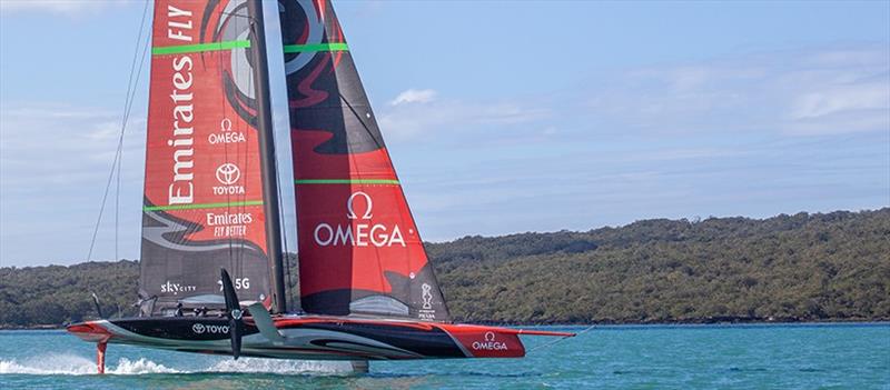 Emirates Team New Zealand - Te Aihe - Rangitoto Channel photo copyright Hamish Hooper / ETNZ taken at Royal New Zealand Yacht Squadron and featuring the AC75 class