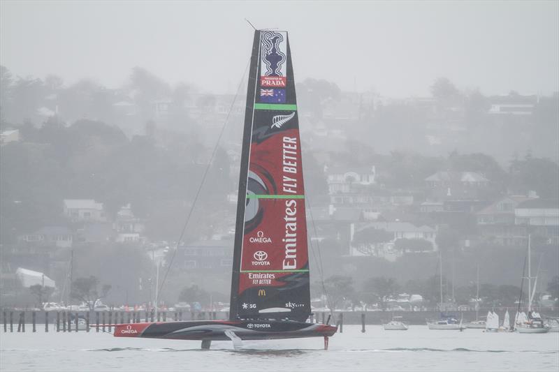 Emirates Team NZ heads out - America's Cup - Auckland - July 6, 2020 photo copyright Richard Gladwell / Sail-World.com taken at Royal New Zealand Yacht Squadron and featuring the AC75 class