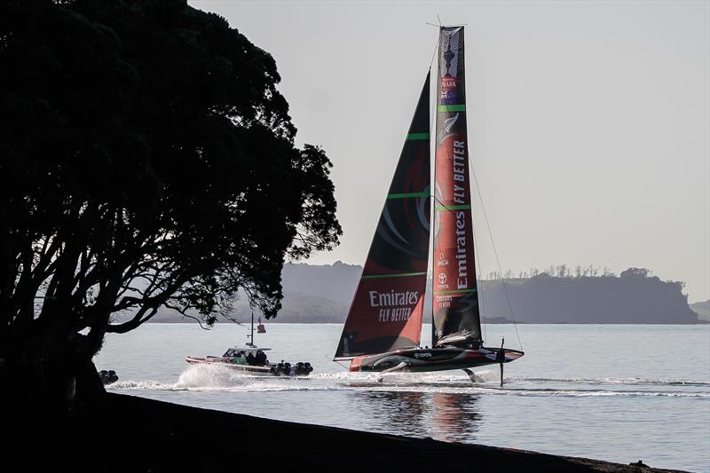Te Aihe heads around North Head - July 3, 2020 photo copyright Richard Gladwell / Sail-World.com taken at Royal New Zealand Yacht Squadron and featuring the AC75 class