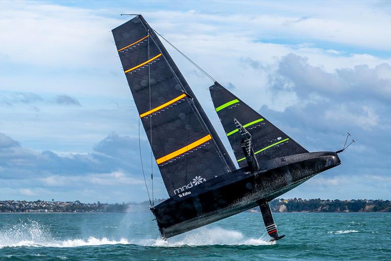 Emirates Team NZ's test boat Te Kahu does a sky leap off Auckland's North Shore - July 2020 - photo © Emirates Team New Zealand