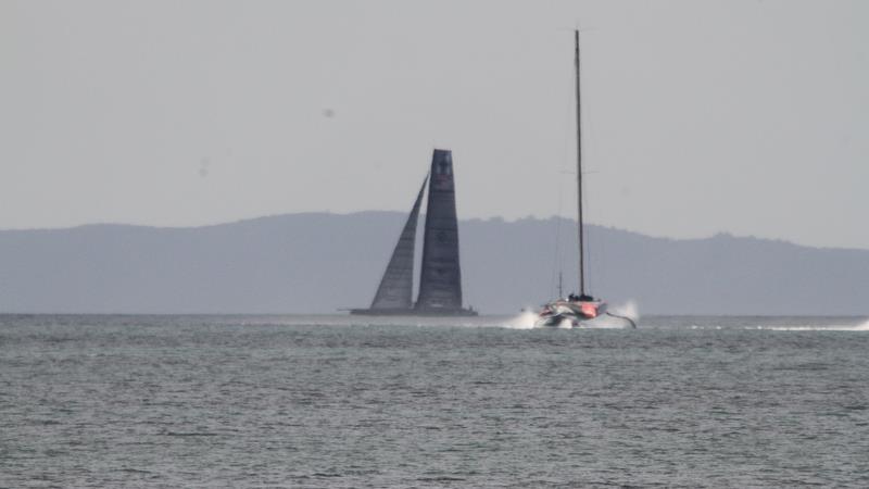 Defiant as Te Aihe tows home - Study shot - AC75 practice Hauraki Gulf - August 13, 2020 - 36th America's Cup - photo © Richard Gladwell / Sail-World.com