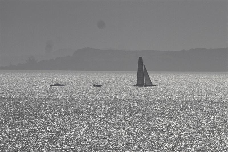 A backlit Defiant (American Magic) foiling on the Hauraki Gulf - Waitemata Harbour - August 23, - 36th America's Cup - photo © Richard Gladwell / Sail-World.com