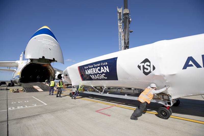 Patriot, the second AC75 racing yacht built by USA America's Cup Challenger New York Yacht Club's team American Magic, is unloaded in Auckland. - photo © Dylan Clarke