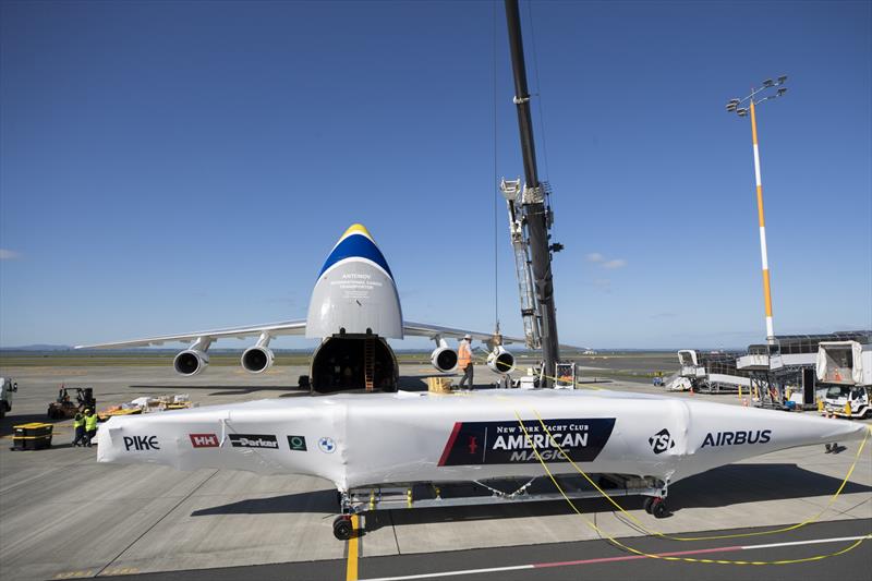 Patriot, the second AC75 racing yacht built by USA America's Cup Challenger New York Yacht Club's team American Magic, is unloaded in Auckland. - photo © Dylan Clarke