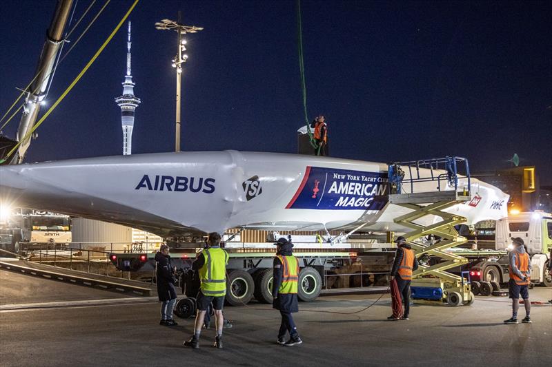 Patriot, the second AC75 racing yacht built by USA America's Cup Challenger New York Yacht Club's team American Magic, is unloaded in Auckland photo copyright Will Ricketson/American Magic taken at New York Yacht Club and featuring the AC75 class