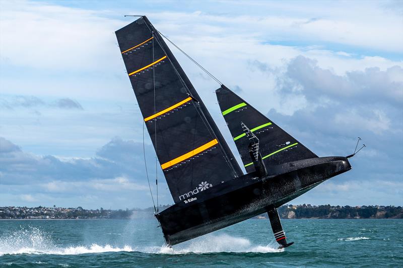 Emirates Team NZ's test boat Te Kahu performs a `sky leap` completely clearing the water. The phenomenon seems to be an unintended feature of foiling monohulls. Te Kahu - Hauraki Gulf - America's Cup 36 photo copyright Emirates Team New Zealand taken at Royal New Zealand Yacht Squadron and featuring the AC75 class