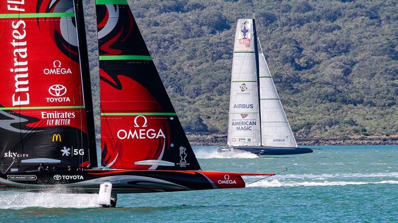 Emirates Team New Zealand and American Magic - Stadium Course - Waitemata Harbour - September 21, 2020 photo copyright Richard Gladwell / Sail-World.com taken at Royal New Zealand Yacht Squadron and featuring the AC75 class