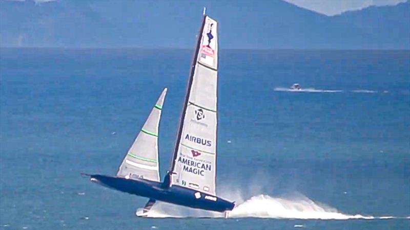 American Magic's Patriot rockets into the lower atmosphere on her first sail on the Waitemata Harbour - October 16, 2020 photo copyright Justin Mitchell taken at Wakatere Boating Club and featuring the AC75 class