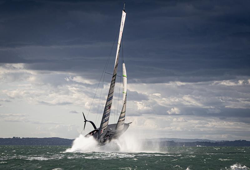 American Magic's Patriot leaps clear of the water on its maiden sail in 20kt winds - October 16, 2020 - American Magic - New York Yacht Club - 36th America's Cup  photo copyright Will Ricketson/American Magic taken at New York Yacht Club and featuring the AC75 class