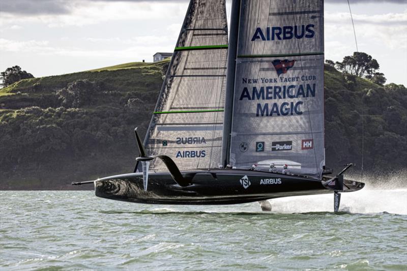 Patriot, American Magic's second AC75 foiling monohull, practices on the Hauraki Gulf in New Zealand, site of the 36th America's Cup next March photo copyright Will Ricketson taken at  and featuring the AC75 class