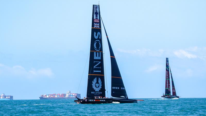 INEOS Team UK watches Emirartes Team NZ sail away - America's Cup World Series Practice - Waitemata Harbour - December 14, 2020 - 36th Americas Cup photo copyright Richard Gladwell / Sail-World.com taken at Royal New Zealand Yacht Squadron and featuring the AC75 class