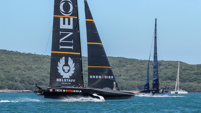 INEOS Team UK chasing American Magic after copping a heft start-line penalty - America's Cup World Series Practice - Waitemata Harbour - December 15, 2020 - 36th Americas Cup photo copyright Richard Gladwell / Sail-World.com taken at Royal New Zealand Yacht Squadron and featuring the AC75 class