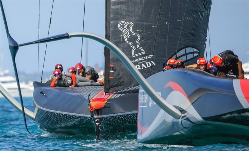 INEOS Team UK sailors test out crew weight placement techniques in displacement mode as the wind dropped during Race 1. Neither the British Challenger nor ETNZ could get their boat back on the foils. INEOS Team UK was on Leg 2 and ETNZ was on Leg 4 photo copyright COR36 / Studio Borlenghi taken at  and featuring the AC75 class