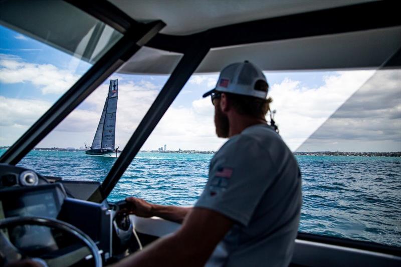 American Magic practicing in the only wind of the afternoon, which was present before scheduled racing. Pictured is Dustin Burrell, Chase Boat Captain photo copyright Sailing Energy / American Magic taken at  and featuring the AC75 class