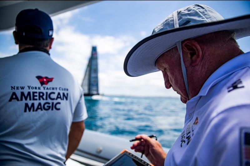American Magic takes advantage of early afternoon breeze to practice and gather light air data. Pictured: Steve Wilson, Head of the Aero Department photo copyright Sailing Energy / American Magic taken at  and featuring the AC75 class