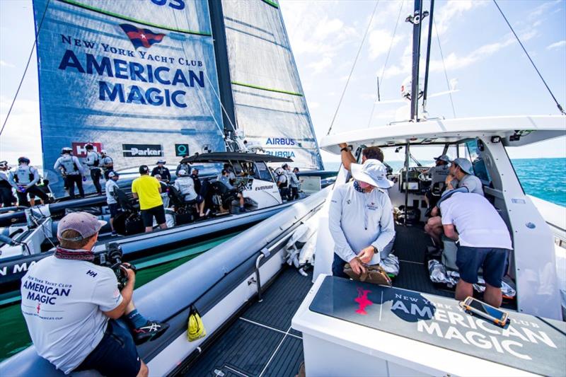 Full team on the water, waiting for the wind to fill for racing. - photo © Sailing Energy / American Magic